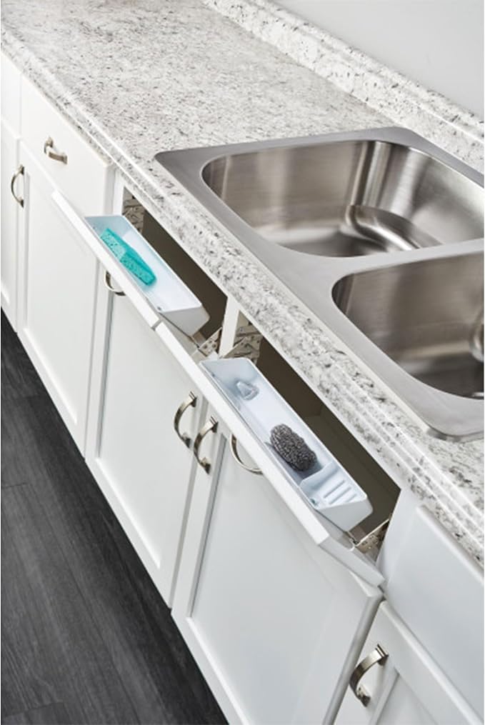 Rev-A-Shelf 11" Tip-Out Plastic Sink Trays for Kitchen and Bathroom Base Cabinet, Pack of 2 Pullout Vanity Shelf Home Organizer, White, 6572-11-11-52