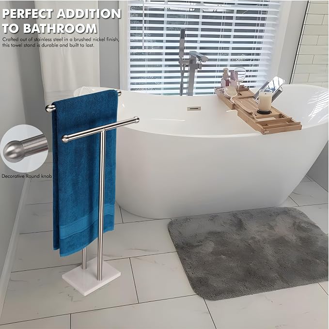 WAYDELI Standing Towel Rack Double-T Shape Tall Bath Towel Sheet Holder with Marble Design Base for Bathroom 2 Tier Towel Holder Stand Stainless Steel (Brushed Nickel)