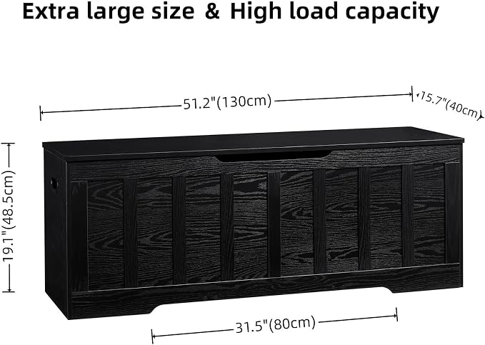 VANKILEY 51.2" Storage Chest Extra Large,Wooden Storage Bench,Black | Chest with 2 Safety Hinges, 51.2*15.7*19.1inches, Wooden Trunk for Bedroom, Livingroom,Entryway,Easy Assembly.