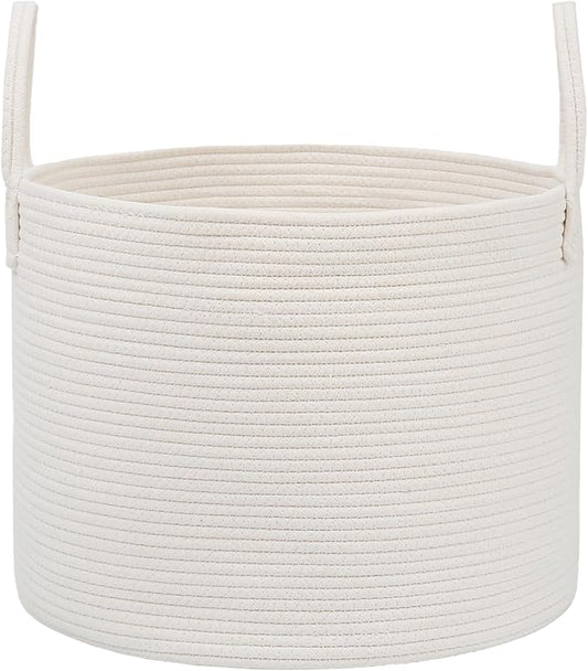 JMvicyroam 65L Extra Large Machine Washable Cotton Rope Blanket Basket | Collapsible laundry hamper, Reinforced handles, For blankets, pillows, toys and clothes, Living room and bedroom, White