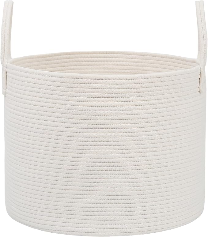 JMvicyroam 115L Extra Large Machine Washable Cotton Rope Blanket Basket | Collapsible laundry hamper, Reinforced handles, For blankets, pillows, toys and clothes, Living room and bedroom, White