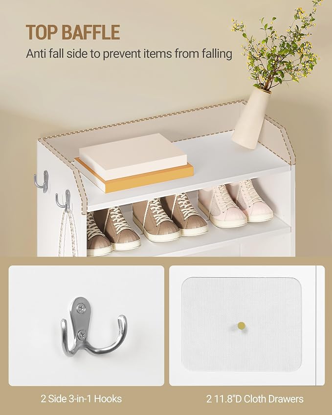 Hzuaneri Shoe Storage Cabinet, 10 Tiers Shoe Cabinet with 2 Cloth Drawers, Wooden Freestanding Shoes Organizer with 2 Hooks, 30-35 Pairs, Shoes Cubby Organizer for Entryway, White SR56303MI | Wooden Freestanding Shoes Cabinet with 2 Hooks, 30-35 Pairs,...
