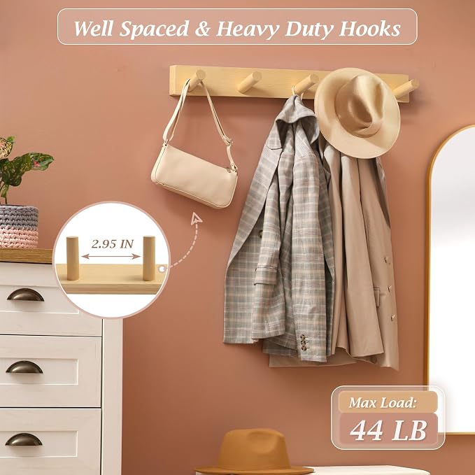 Coat Rack Wall Mount, Wooden Coat Hanger, Natural, 1 Pcs | Heavy Duty, 5 Sturdy Rounded Hooks, Bamboo Wood Material, for Entryway, Doorway, Living Room, Kid's room, Living Room, Closet