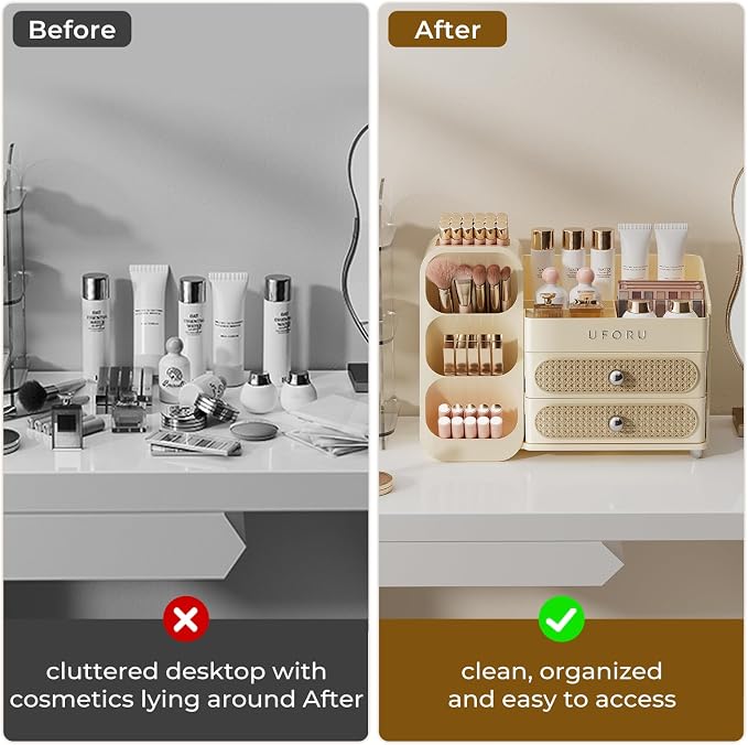 UFORU Makeup Organizer Countertop with Brush Holder for Vanity Bathroom | Large Capacity, Thickened Plastic, 2 Rattan Drawers, Compact Size, Detachable Brush Holder, Divided Compartments, Easy Access