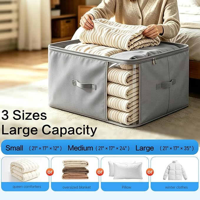 Comforter Storage Bag, Large Capacity Blanket Storage Bags 3-Layer Ultra Space Saving Self Compression Organizer, Heavy Duty Space Saver Organizer for Bedding, Clothes, Blanket, 4-Pack, Gray