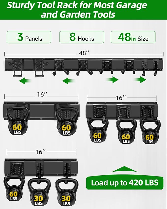PIYILO Garden Tool Organizer 48 inches with 18 Garage Wall Hooks in 9 Types | Thick Alloy Steel, Adjustable Hooks, Wear & Tear Resistant, Soft Anti-Scratch Hook Sleeves, For Yard Tools, Shovels, Shed