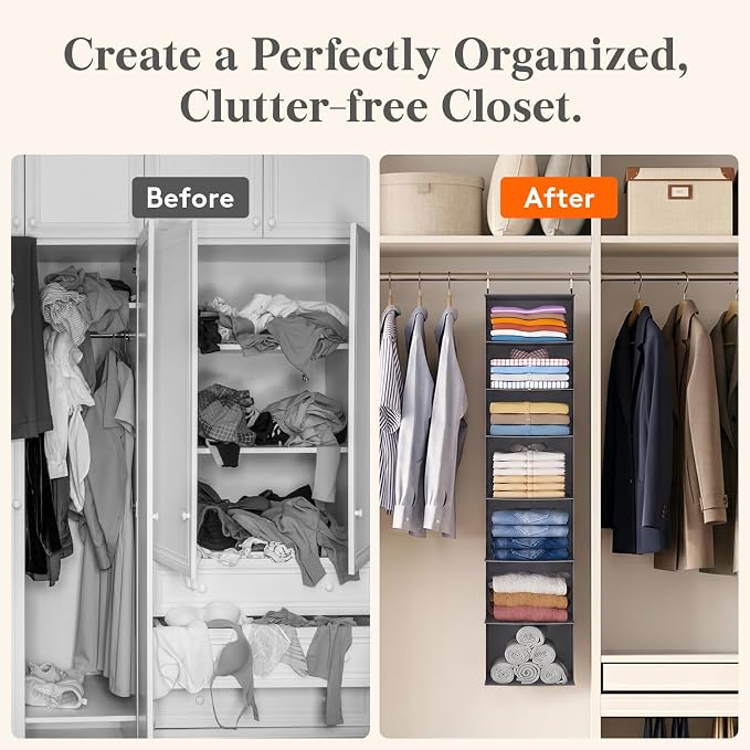 Lifewit 7 Tier Hanging Portable Closet Storage Organizer for Shelves, Black | Foldable Clothes Shelf with 2 Sturdy Hooks, Sweater/Coat/Shoes Clothing Organization for Wardrobe, Dorm, Bedroom