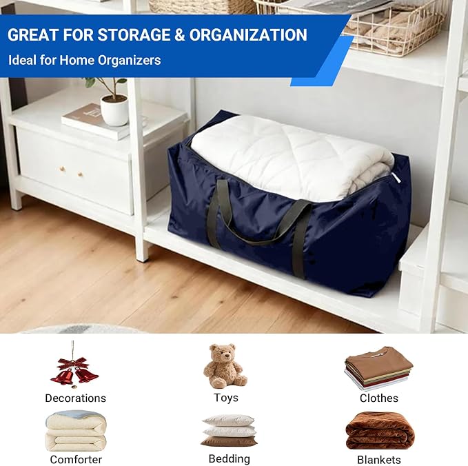 Extra Large Moving Bags, 2 Pack Blue Oversized Storage Totes with Strong Zipper & Reinforced Full Loop Handles, Collapsible Storage Bags for Space Saving, for King/Queen Comforter, Blankets & Clothes
