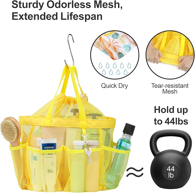 Mesh Shower Caddy Portable with Drawstring - 2-Handle Shower Bag for Dorm | 8 Deep Pockets, S-Hook, Quick-Dry Mesh, College Dorm Room Essentials for Girls, Camping, Gym, Travel, Yellow