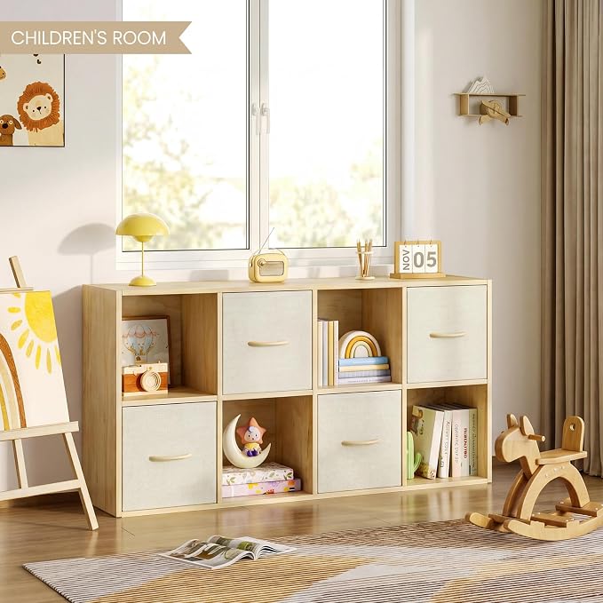 EXPERLAM 8 Cube Storage Organizer - Solid Wood Bookshelf with 4 Storage Bins, Cube Shelf with 2 Removable Back Panels, Vertical or Horizontal Bookcase, Open Book Shelf for Bedroom, Living Room, Office