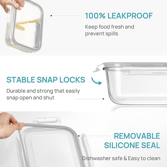 Vtopmart 1Pack 1860ml/63oz Large Glass Storage Container with Lids | Meal Prep Food Container Set with Snap Airtight Lid for Baking, Microwave, Oven, Leak Proof, Freezer, Dishwasher, BPA Free