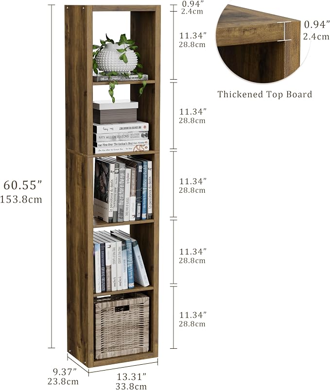 VDNEND Tall Cube Storage Organizer Bookcase, 5 Tier 11 inch Open Back Cubical Shelf with Thickened Border, Display Bookshelf for Living Room, Home Office, Sturdy Room (Brown, 5 Cube,Vertical)