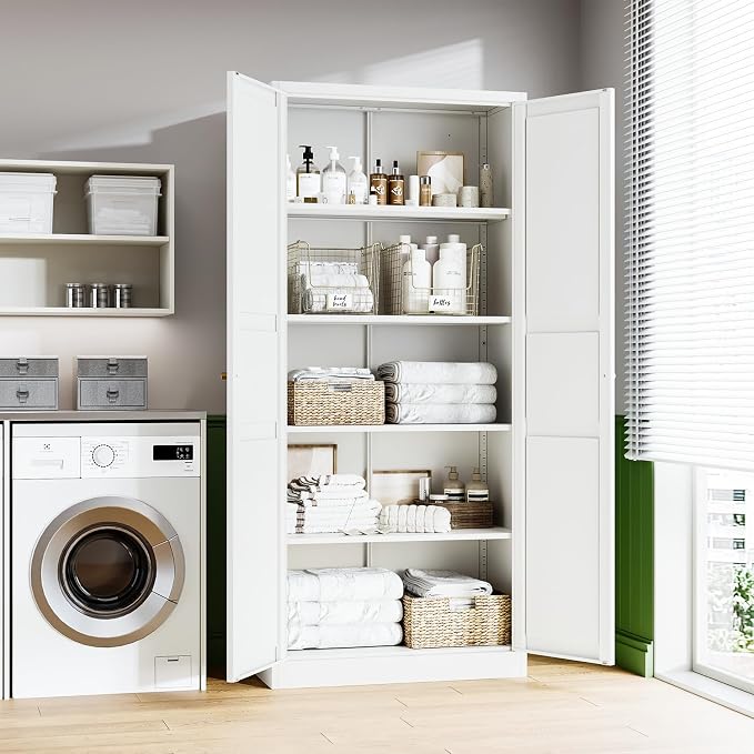 Letaya White Storage Cabinet with Adjustable Shelves-Metal Home Kitchen Pantry Cabinets with Doors,Organization Locker for Cupboard/Bedroom/Dining/Living/Bathroom/Office/Garage Room