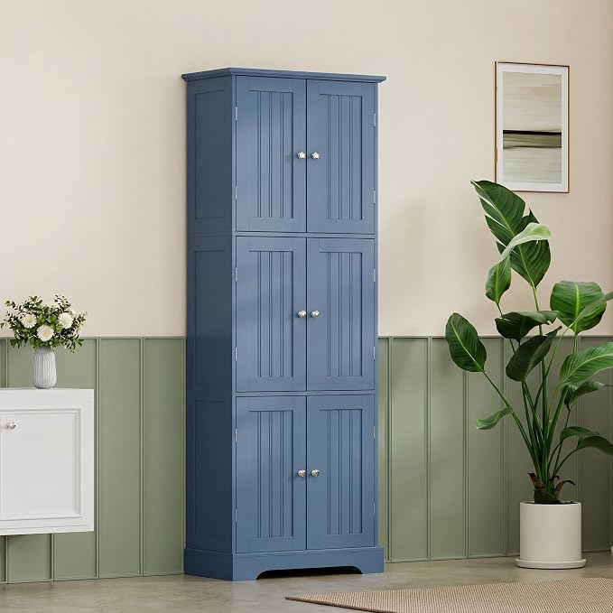 ChooChoo 63.2" Tall Bathroom Storage Cabinet with 6 Doors | Freestanding Floor Cabinet, Adjustable Shelves, Pantry Cabinet for Bathroom, Kitchen, Laundry Room, Blue