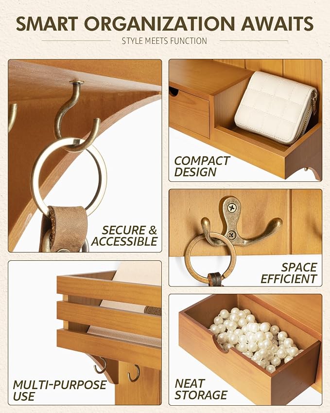 Rebee Vision Key Holder Wall Mount with Drawer for Room Decor, Light Brown | Pine Wood, Key Holder for Wall, 9 Key Hooks, Drawer Organizer, Floating Wall Shelf, Mail Sorter, Room Decor Aesthetic