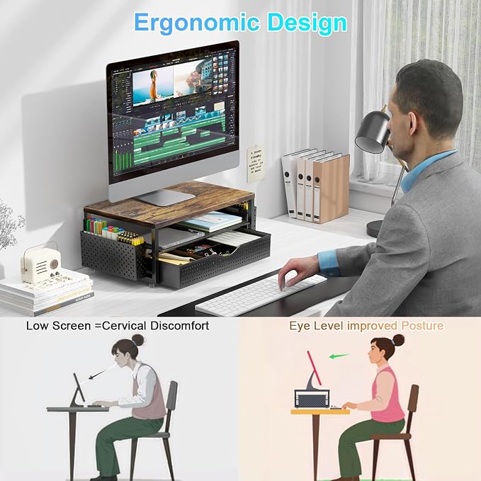 gianotter Desk Organizers and Accessories, Monitor Stand with Drawer and 2 Pen Holder, Desktop Organizer Suitable for Offices and Dormitories (Wood-Plain)