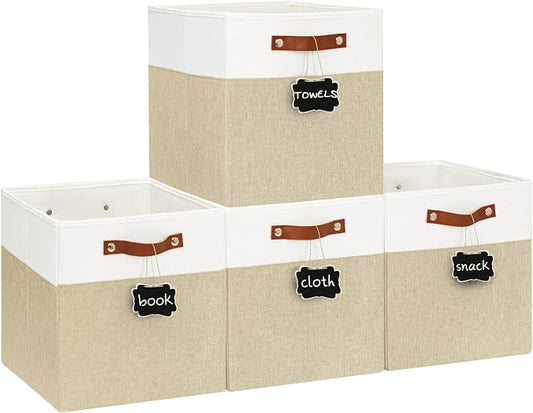 Patvingot 13-Inch Linen Storage Cubes with Labels and PU Handles,4 Pack | Roomy storage for blankets, sweaters and towels, reinforced bottom, contents stay easy to identify, folds flat when empty