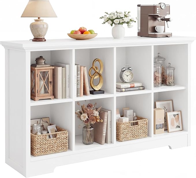 Aheaplus Wooden 8-Cube Storage Organizer with Charging Ports, Modern Cube Bookcase with Base, 3-Tier Floor Standing Open Cubbies Bookshelf, Cubicle Display Shelf for Home and Office, White