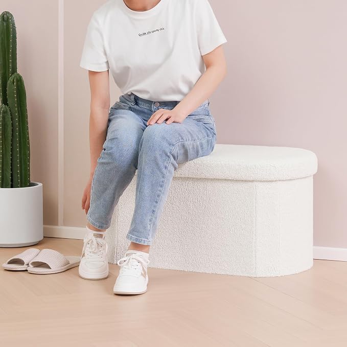 B FSOBEIIALEO Ottoman with Storage for Living Room, Sherpa Folding Storage Ottoman Foot Rest, 30 Inches Collapsible Bedroom Bench White Cream