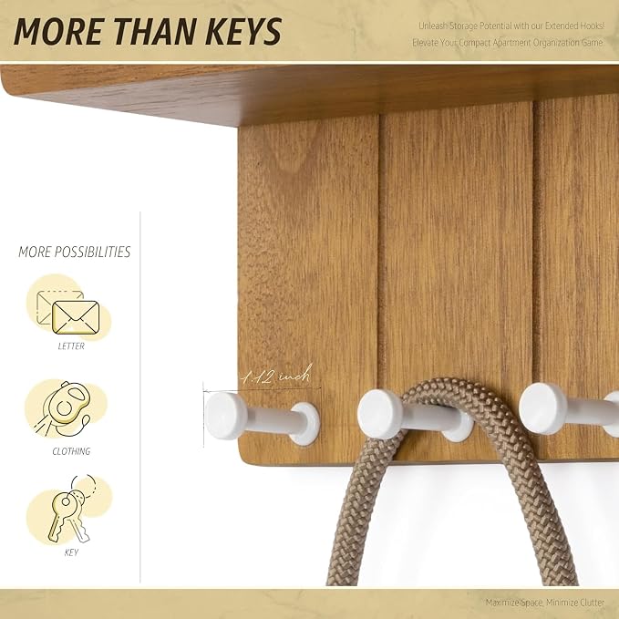 Rebee Vision Key Holder Wall Mount with 4 Hooks for Room Decor, Light Brown | 8-Inch, Rustic Key and Mail Holder for Wall, Mail Organizer, Small Floating Shelf, Key Hanger, Home Decor Aesthetic