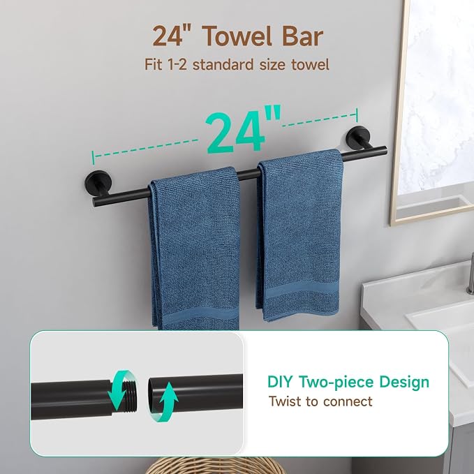 USHOWER 4PCS Matte Black Bathroom Accessories Set, 24-Inch Towel Bar Set | Durable SUS304 Stainless Steel Bathroom Hardware Set, Towel Racks for Bathroom Wall Mounted, Modern Home Decor