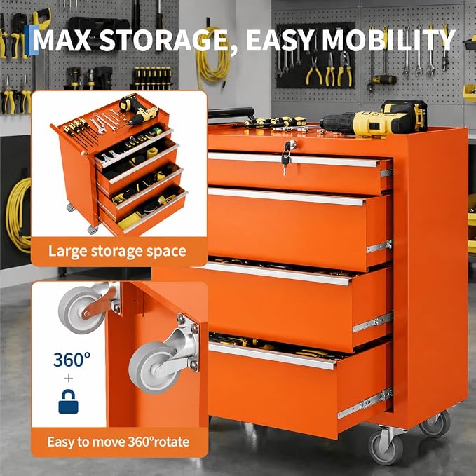 Garvee Rolling Tool Chest, 4 Drawers Tool Storage Cabinet, Toolbox with Wheels, Portable Tool Cabinet Organizer with Locking System & Drawer Liners, Tool Storage Cart for Garage, Workshop, Orange