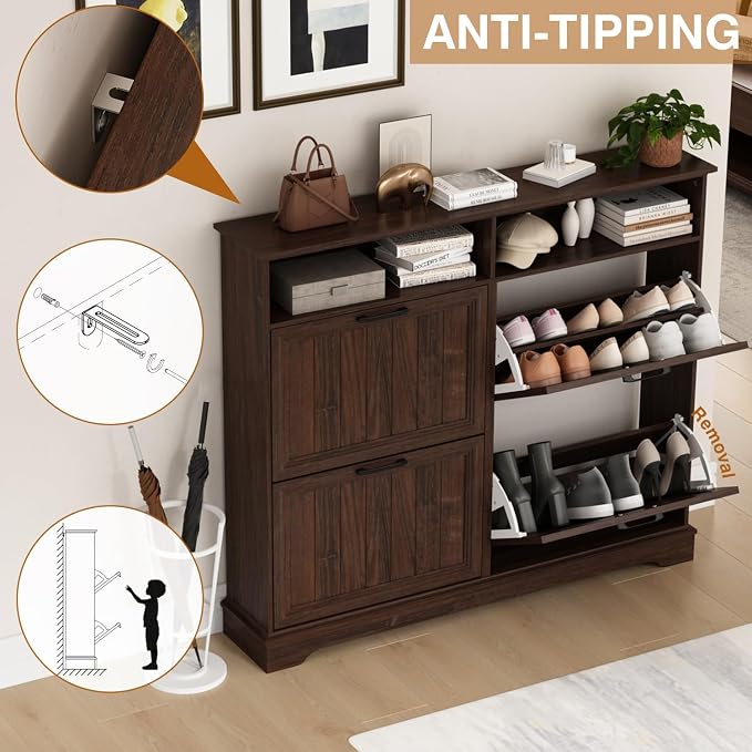Hidden Shoe Storage Cabinet with 4 Flip Drawers & Open Storage | Farmhouse Modern Shoes Rack Cabinet,Adjustable Shelves ,Narrow Slim Shoe Organizer for Front Door Entrance, Entryway, Walnut