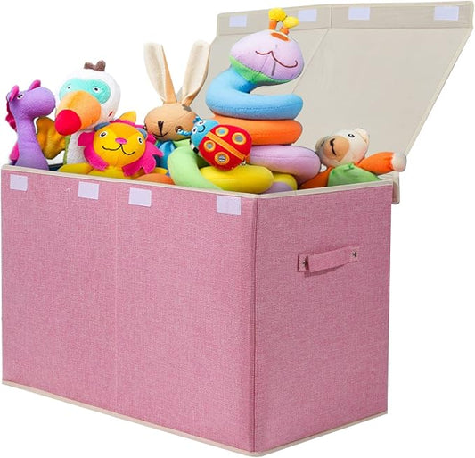 Large Toy Box Chest Storage with Flip-Top Lid, Kids Toy Storage Bin Boxes | Toy Chest with Rivets Handles for Kids, Boys, Girls, Nursery, Playroom, Living Room, Bedroom, 25"x 13" x 16" (Linen Pink)