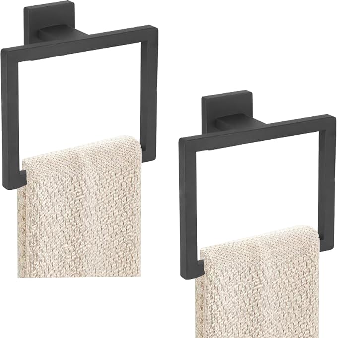 JOPOFI 2-Piece Towel Ring - Hand Towel Holder for Bathroom - Matte Black | Stainless Steel Towel Holder, Towel Racks for Bathroom, Square Modern Design Hand Towel Holder, Contemporary Hand Towel Bar