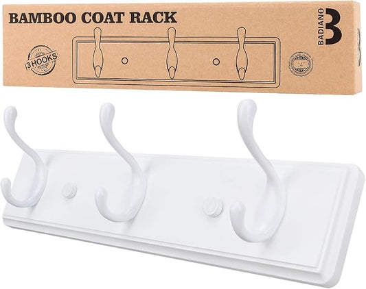 Badiano Wooden Coat Rack, Wall-Mounted Organizer for Closet, Entryway, Hallway, Foyer, Bedroom, Heavy Duty Double Hooks for Hanging Towels, Bags, Hats, Jackets, Key (White, 3 Hooks)