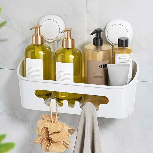 LEVERLOC Shower Caddy Suction Cup, Shower Organizer Removable Bathroom Shelf, Storage Suction Powerful Max Hold 22lbs Bathroom Caddy Waterproof Holder, White