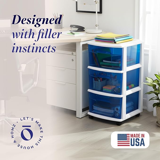 HOMZ 3-Drawer Storage Cart, Plastic Home & Office Organizer, Blue w/ White Frame