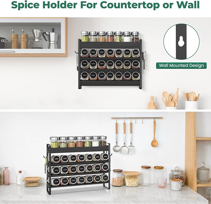EsLuker.ly Spice Seasoning Rack Organizer Kitchen Countertop, 4 Tier Bamboo | Shelf Holder Storage with 4 Hooks, Wall Mounted Freestanding Stand for Pantry, Quick Spice Access(Jars Not Included), Black