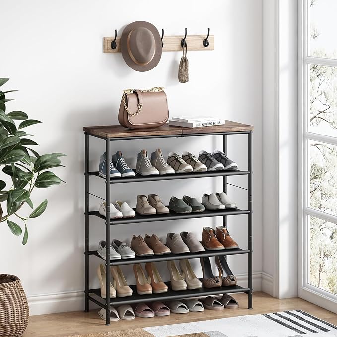 INGIORDAR 5 Tier Shoe Rack Storage Organizer Shelf Top with MDF Board | Space-Saving,with 3 Layer Fabric,stores 20+Pairs of Shoes for Closet,Entryway,Bedroom,Living Room Garage,Black+Rustic Brown