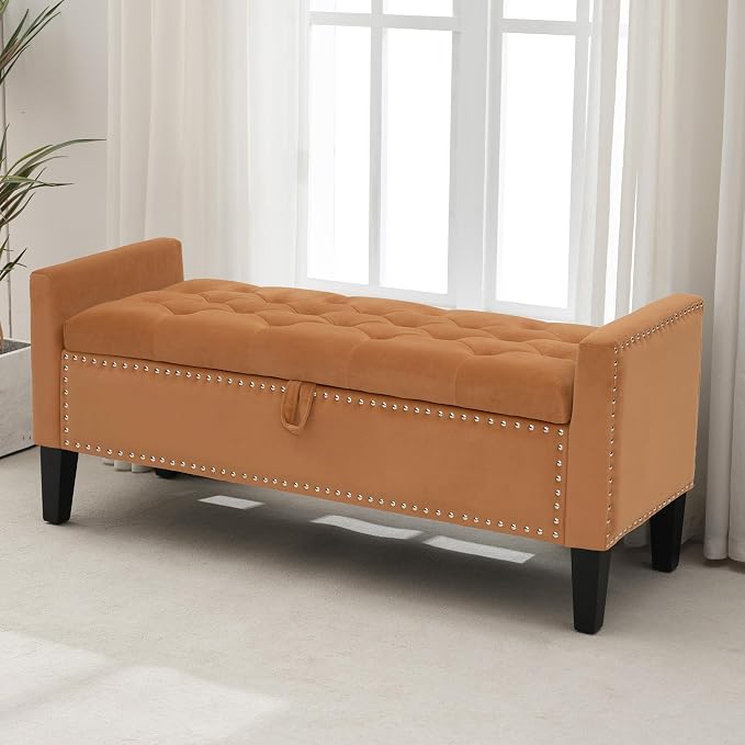 Storage Ottoman Bench, Velvet Upholstered Footstool for Bedroom and Living Room, Frosted Flannel Seat with Storage, Wooden Legs & Metal Rivets, Orange