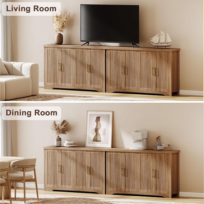 55" Fluted Sideboard Buffet Cabinet with Storage,Natural Oak | Modern Credenza with 4 Doors & Adjustable Shelves,Coffee Bar Table Console for Dining Room Kitchen Living Room Entryway