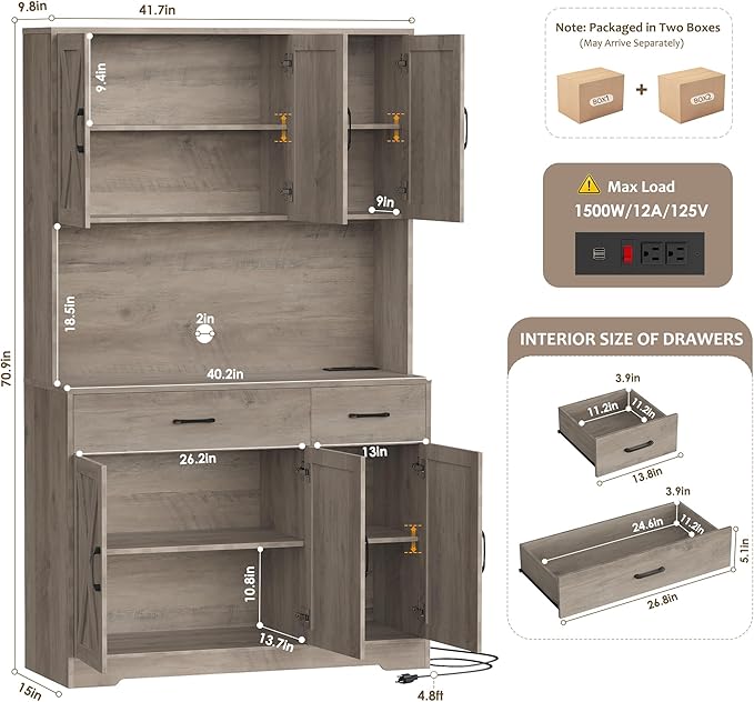 HOSTACK 71" H Kitchen Pantry Storage Cabinet, Farmhouse Hutch Cabinet, Grey | Space-Saving Pantry Cabinet with Charging Station & 2 Large Drawers & Adjustable Shelves, Tall Kitchen Hutch for Dining Room