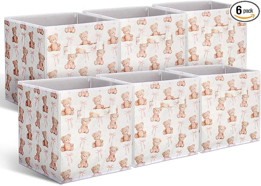 6 Pcs Pink Bow Teddy Bear Cube Storage Bins 11 Inch Storage Basket with Handle, Preppy Girls Organizer Basket, Collapsible Fabric Box for Classroom Bedrooms Office Home Decoration Gift