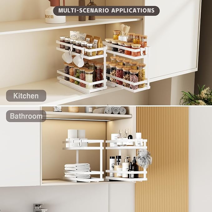 Magheo Pull Out Spice Rack Organizer for Cabinet, 4 Pack Metal Seasoning Organizer Slide Out Spice Storage Shelf No Assembly Vertical Spice Rack Pullout for Kitchen & Bahthroom No Drill(2 Tier,White)