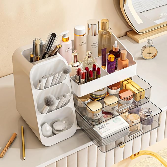 Booklov Large Makeup Organizer for Vanity Countertop, Pink | Clear Acrylic Cosmetic Display Case, Beauty Brush Holder for Bathroom Counter, Make Up Skincare Lipsticks Storage