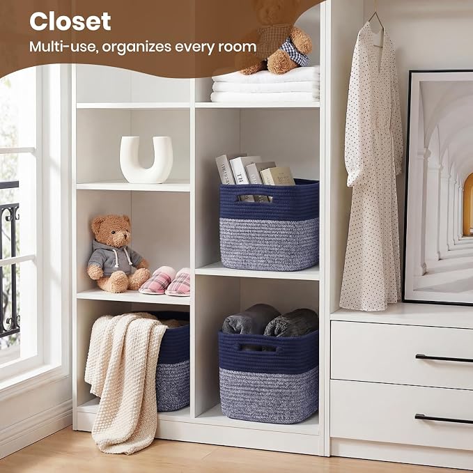 Storage Baskets for Organizing, 14 x 10 x 9” Closet Shelf Woven Baskets, Square Bins with Handles, Cotton Rope Basket for Clothes, Office, Room, Grey+Blue 1 Pack