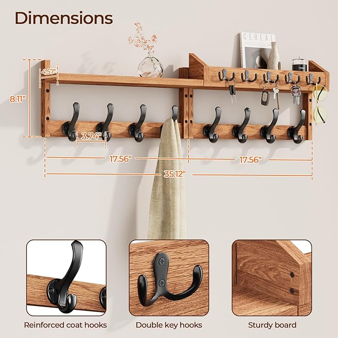 Evermagin 35" Coat Rack Wall Mount with Shelf & 13 Hooks, Entryway, Brown | 4-in-1: coat hooks, key hanger, mail holder & display shelf. Pine wood. For bedroom, hallway, mudroom, livingroom