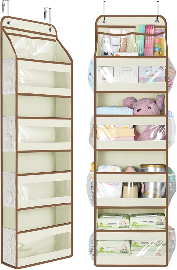 Yecaye 5 Tier Over the Door Organizer, Swing-proof Door Organizer Hanging with Clear PVC Windows, Behind the Door Storage for Bedroom Nursery Closet Laundry Pantry Bathroom, Beige