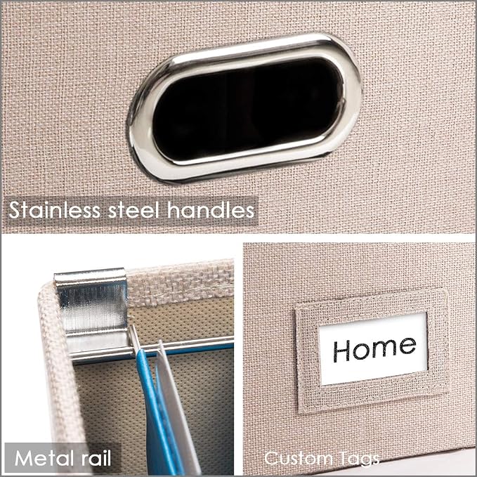 File Organizer Box - Set of 4 Collapsible Decorative Linen Filing Storage Hanging File Folders with Lids Office Cabinet Letter/Legal Size Light Grey (17x14x11.2 inch)