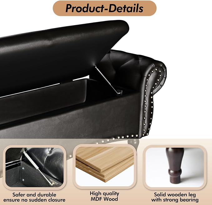 ZZW Storage Ottoman Bench, 51" Length Upholstered End of Bed Storage Bench for Bedroom with Safety Hinge, Tufted Bed Benches with Rolled Arm and Nailhead Trim for Living Room, Entryway Black