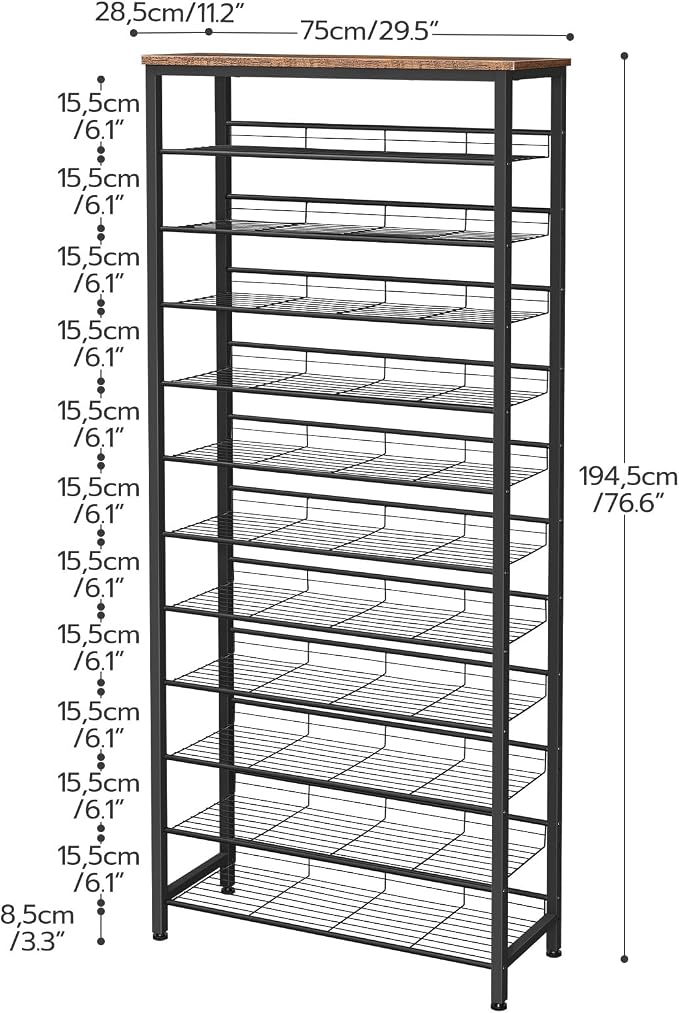 HOOBRO Shoe Rack for Entryway, 12-Tier Shoe Storage Organizer, Large Capacity for 33-36 Pairs of Shoes, Standing Shoe Shelf, Closet, Hallway, Adjustable Mesh Shelves, Rustic Brown and Black BF51XJ01