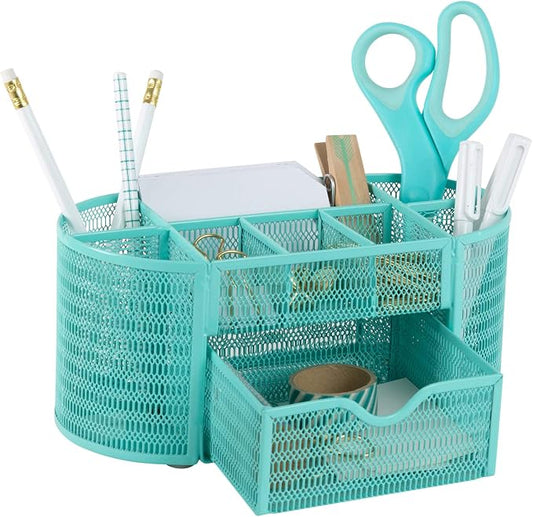 BLU MONACO Aqua Desk Organizer | Metal Stationery Holder With Drawer and Eight Compartments | Desktop Storage for Home Office or Study Space | 4.3”D x 9.3”W x 4”H Workspace Organizer