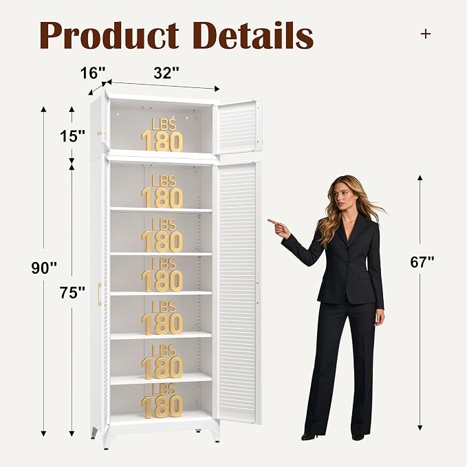 SteeLoong 90" Metal Storage Cabinet with Doors and 5 Adjustable Shelves | Kitchen Pantry Cabinet,White Tall Freestanding Cupboard with Gold Handle,Steel Garage Cabinets for Tool,Office,Kitchen,School