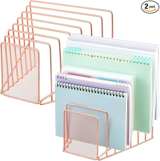 2 Pcs 7 Section Wire File Organizer for Desk, Metal Mesh Incline File Holder, Letter & Magazine Folder Rack, Desktop Paper Sorter for Home Office Back to School (Rose Gold)