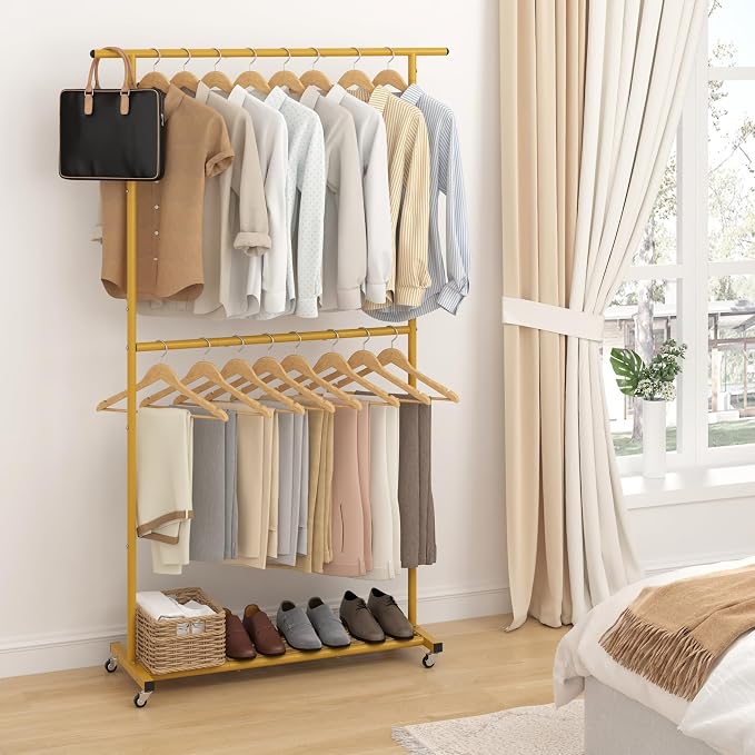 Sywhitta Double Rod Metal Clothing Rack on Wheels with Bottom Mesh,Gold | Rolling Garment Organizer, for Hanging Clothes,Coats,Easy to Assemble,Space-Saving,Mobile Organizer for Closet